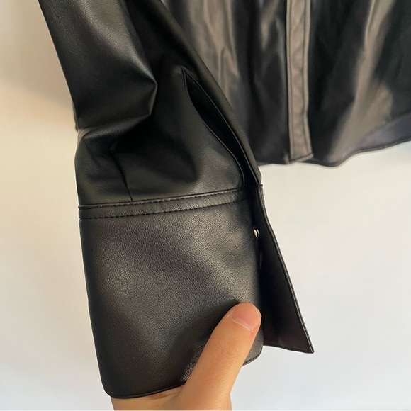 Elaine Kim Black Faux Leather Shirt Snap Button Down Collared Long Sleeve Size L - Picture 5 of 12